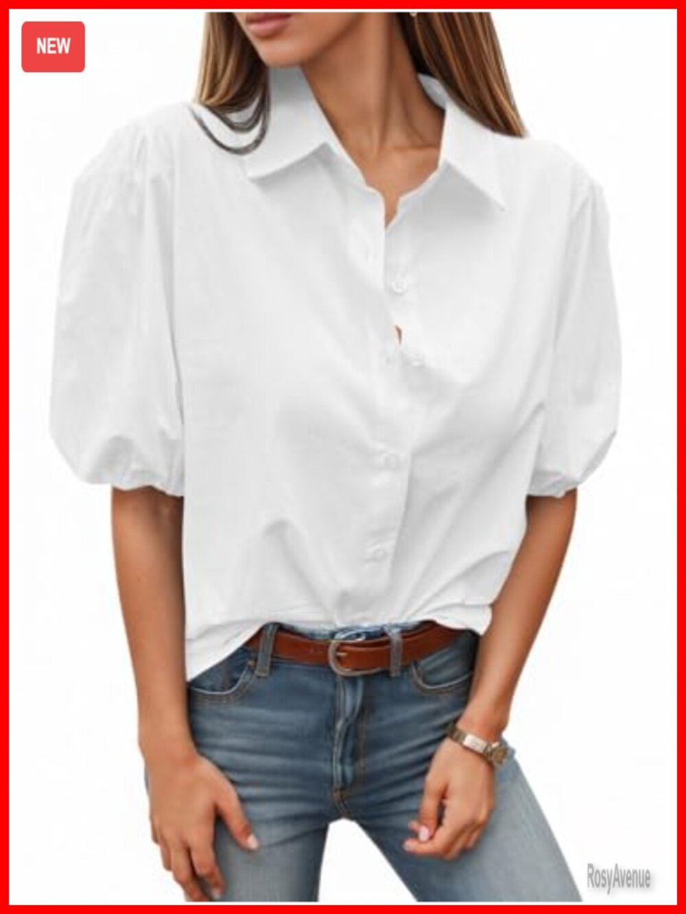 Womens Cotton Button Down Shirt Puff Sleeve Collared Blouse Casual Summer Top